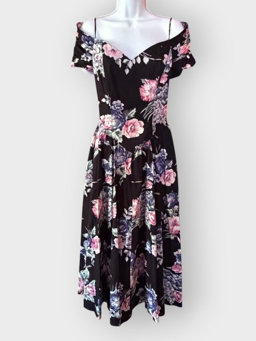 Vtg 80s Karin Stevens Basque Waist Dress | 10 | Floral Off Shoulder | Romantic